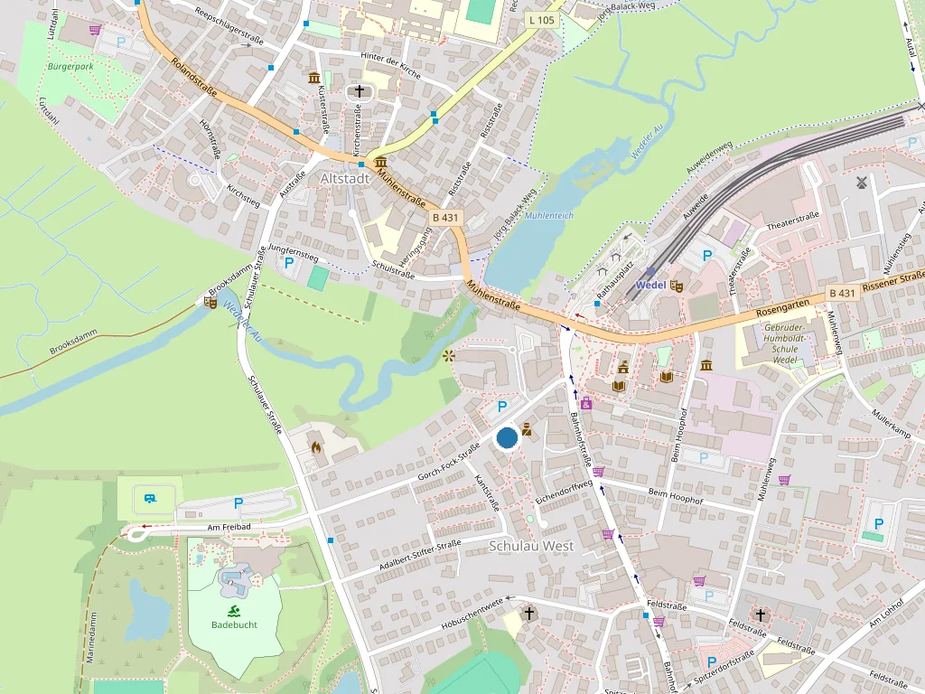 Kartenausschnitt von Wedel-Schulau. Markiert ist die Gorch-Fock-Straße 13, wenige Straßen südlich der S-Bahn-Station Wedel.