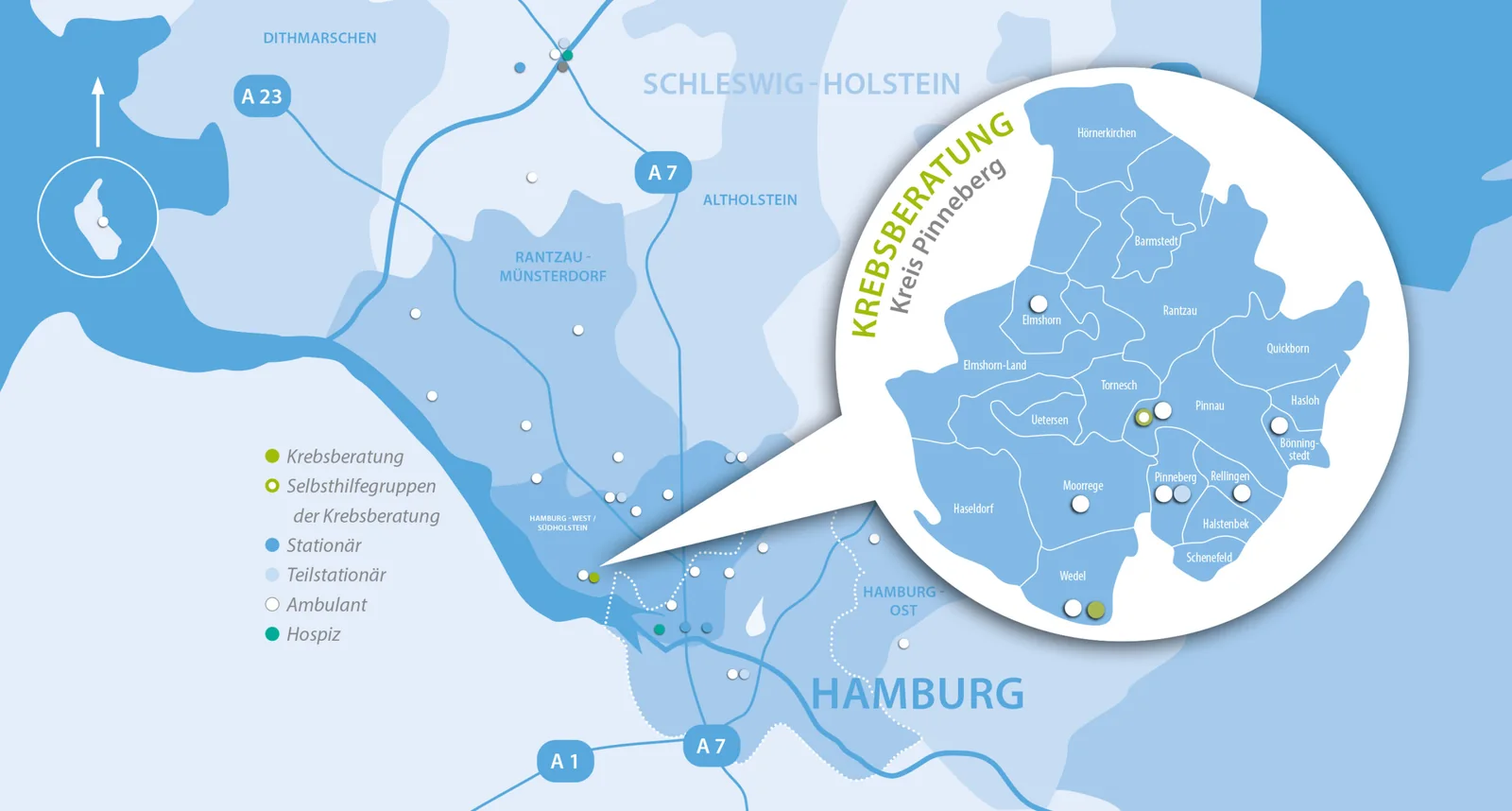 Karte von Schleswig-Holstein und Hamburg mit den Standorten der Krebsberatung, ihrer Selbsthilfegruppen sowie stationärer, teilstationärer und ambulanter Einrichtungen. Der Kreis Pinneberg ist vergrößert herausgestellt.