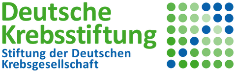 Zeichen der Deutschen Krebsstiftung: der Name in Grün, daneben ein Raster aus grünen und blauen Punkten.