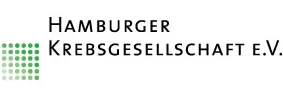 Zeichen der Hamburger Krebsgesellschaft e. V.: der Name in Großbuchstaben, links daneben ein Feld aus grünen Punkten.